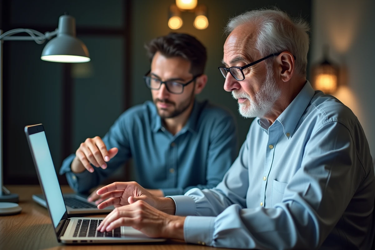 Homme âgé montrant des raccourcis clavier à un collègue dans un bureau moderne