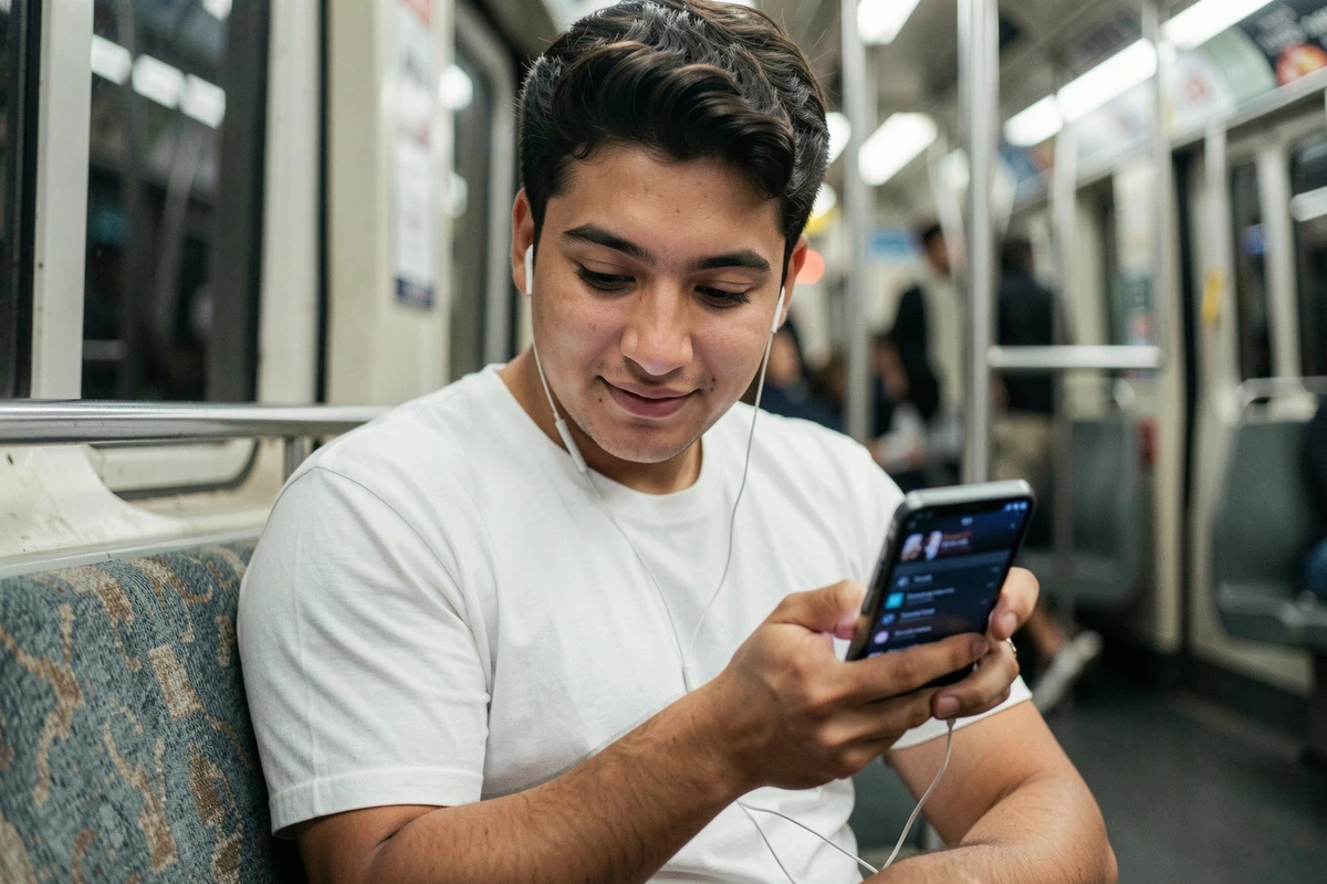 Jeune homme gérant sa bibliothèque musicale sur smartphone dans les transports en commun pour libérer de l'espace