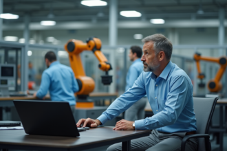 Homme pensif dans une usine avec robot industriel en arrière-plan