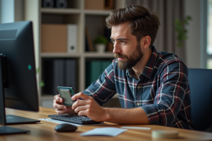 Jeune homme inspectant un CPU dans un bureau moderne