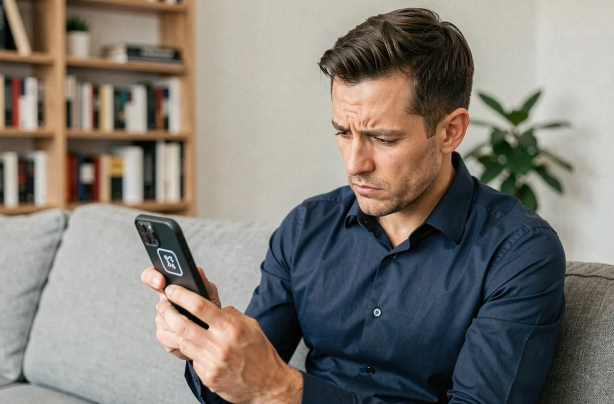 Homme consultant son iPhone avec un GIF non affiché dans une conversation SMS sur canapé