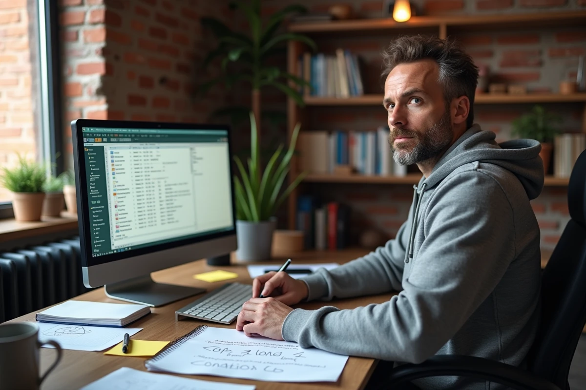 Homme travaillant sur des macros Excel VBA avec boucles et conditions dans un bureau à domicile
