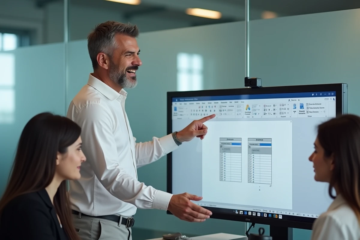 Homme en chemise pointant un écran avec un collègue dans un bureau moderne