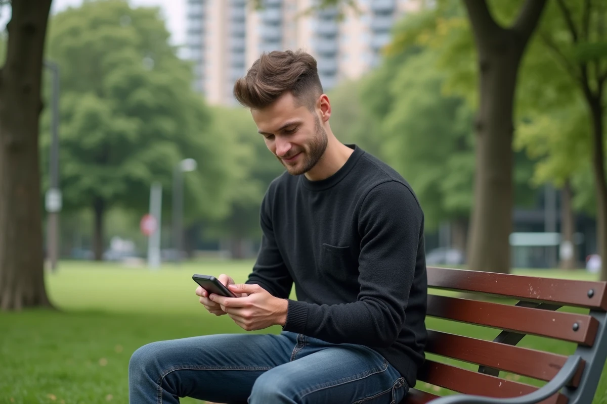 Jeune homme assis dans un parc urbain en train de naviguer sur son téléphone