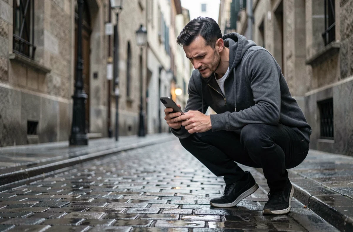 Homme photographiant une rue pavée mouillée avec un Google Pixel 9 dans un quartier historique européen