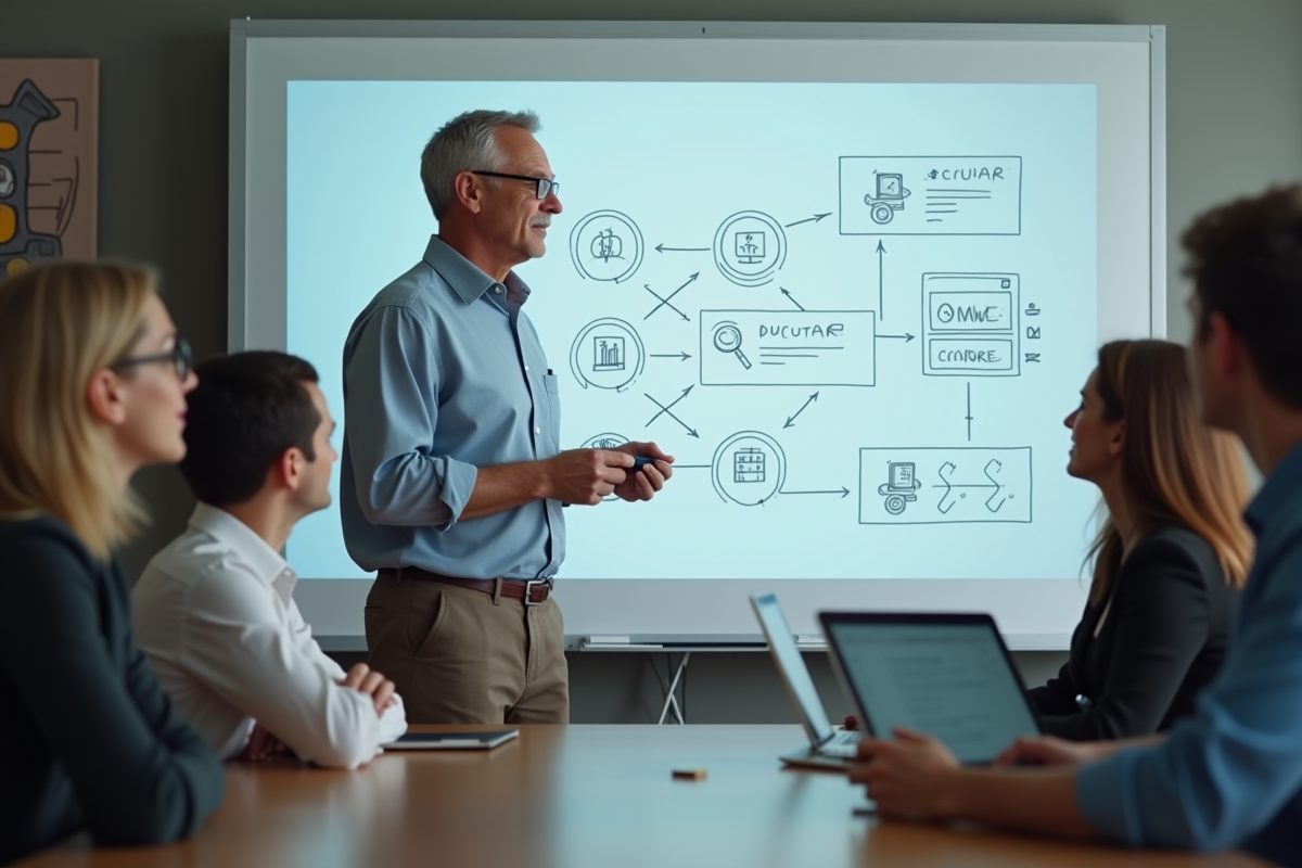 Homme présentant un flowchart devant une équipe en coworking