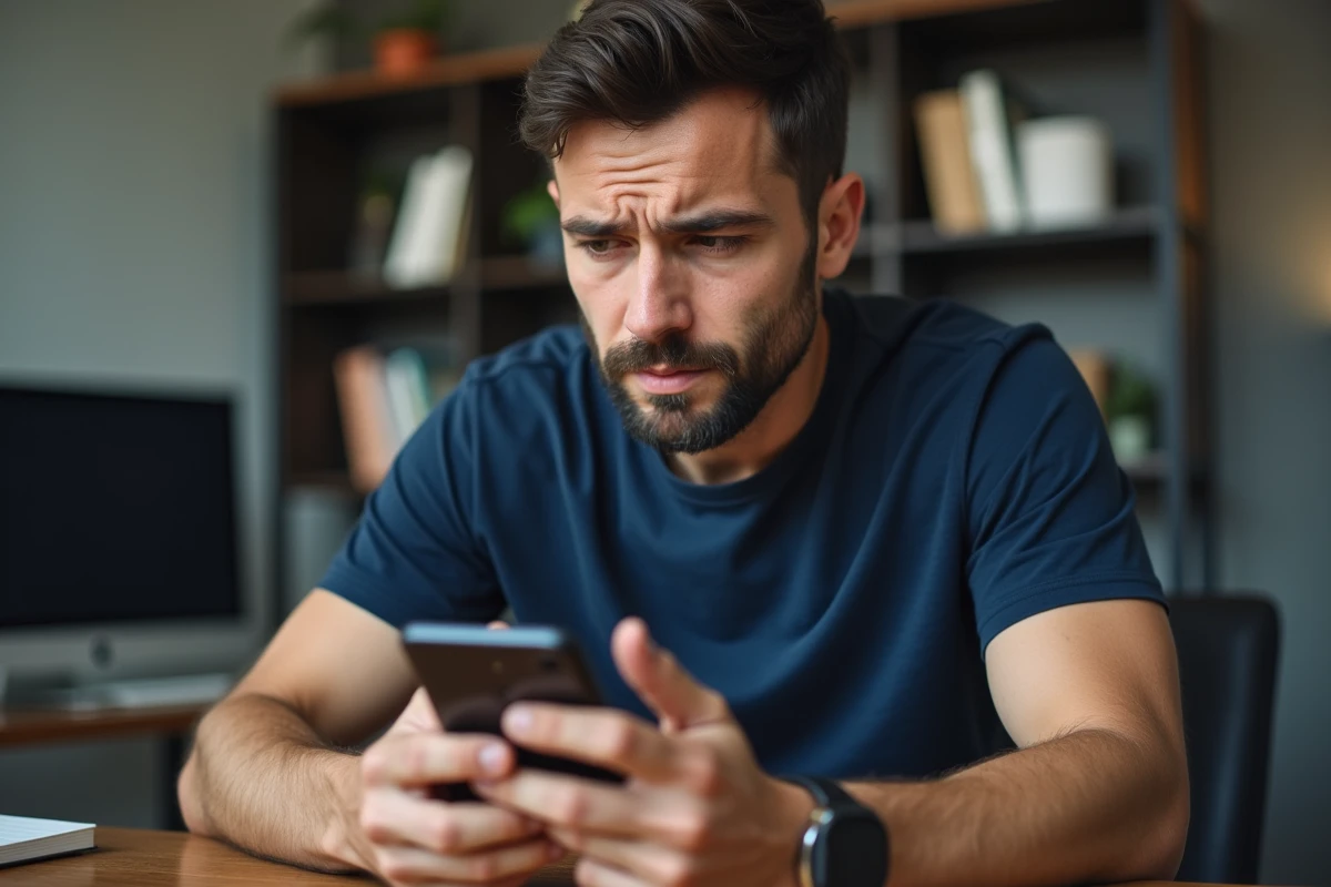 Homme tenant un Samsung Galaxy avec un écran figé, cherchant à résoudre un problème de capture d'écran bloquée