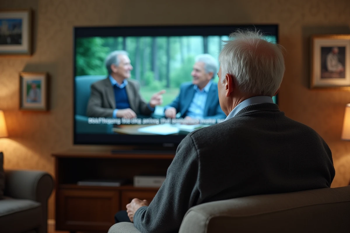 Homme âgé lisant des sous-titres dans un salon cosy