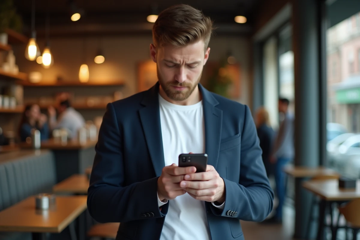 Homme utilisant son smartphone dans un café pour tenter de consulter des stories Snapchat via un service tiers sans connexion