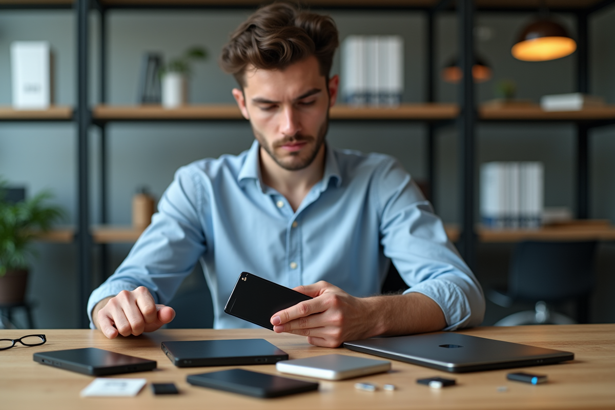 Jeune homme en tenue casual organisant des supports de stockage