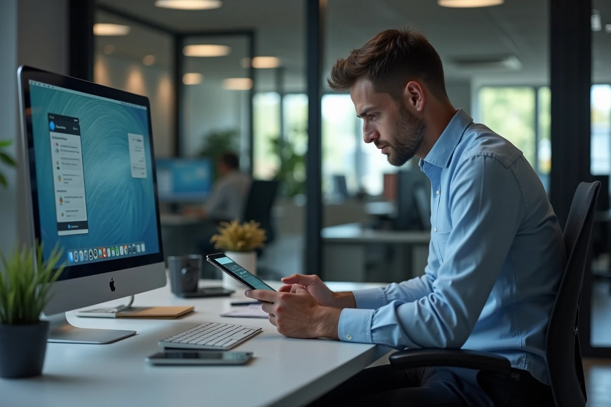 Homme au bureau utilisant une tablette et un ordinateur