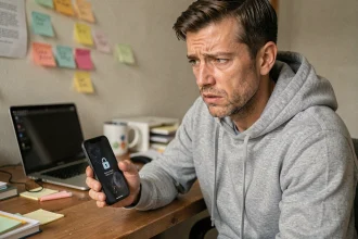 Homme frustré tenant un smartphone Android bloqué avec une icône de verrouillage visible sur l'écran