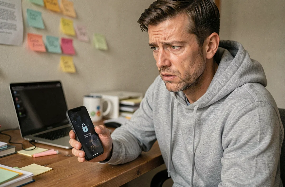 Homme frustré tenant un smartphone Android bloqué avec une icône de verrouillage visible sur l'écran