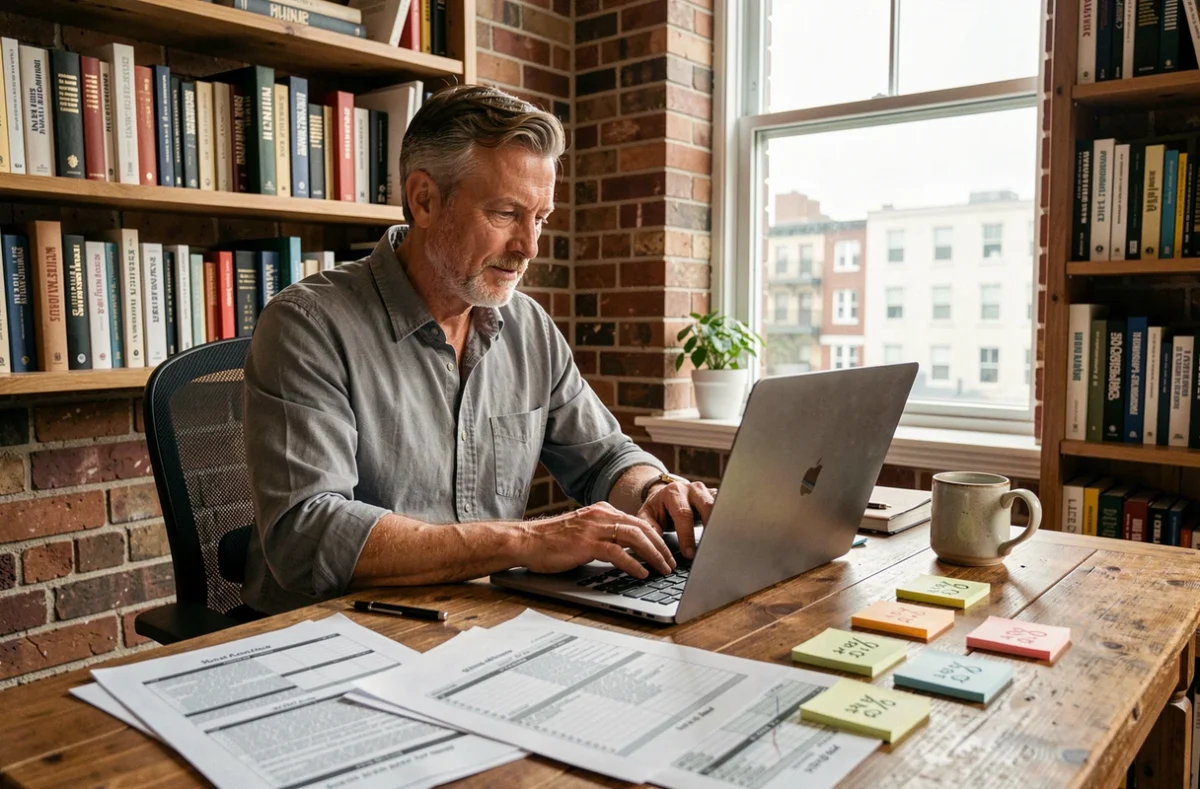 Homme en télétravail calculant des augmentations de prix en pourcentage sur Excel avec des documents imprimés sur son bureau à domicile