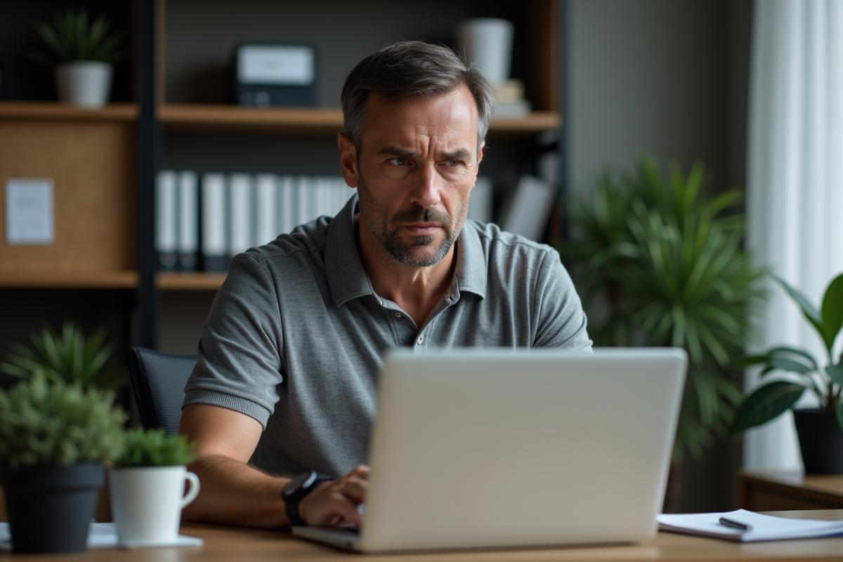 Homme d age moyen travaille sur son ordinateur dans un bureau