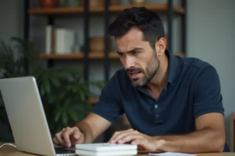 Homme concentré devant son ordinateur et routeur WiFi