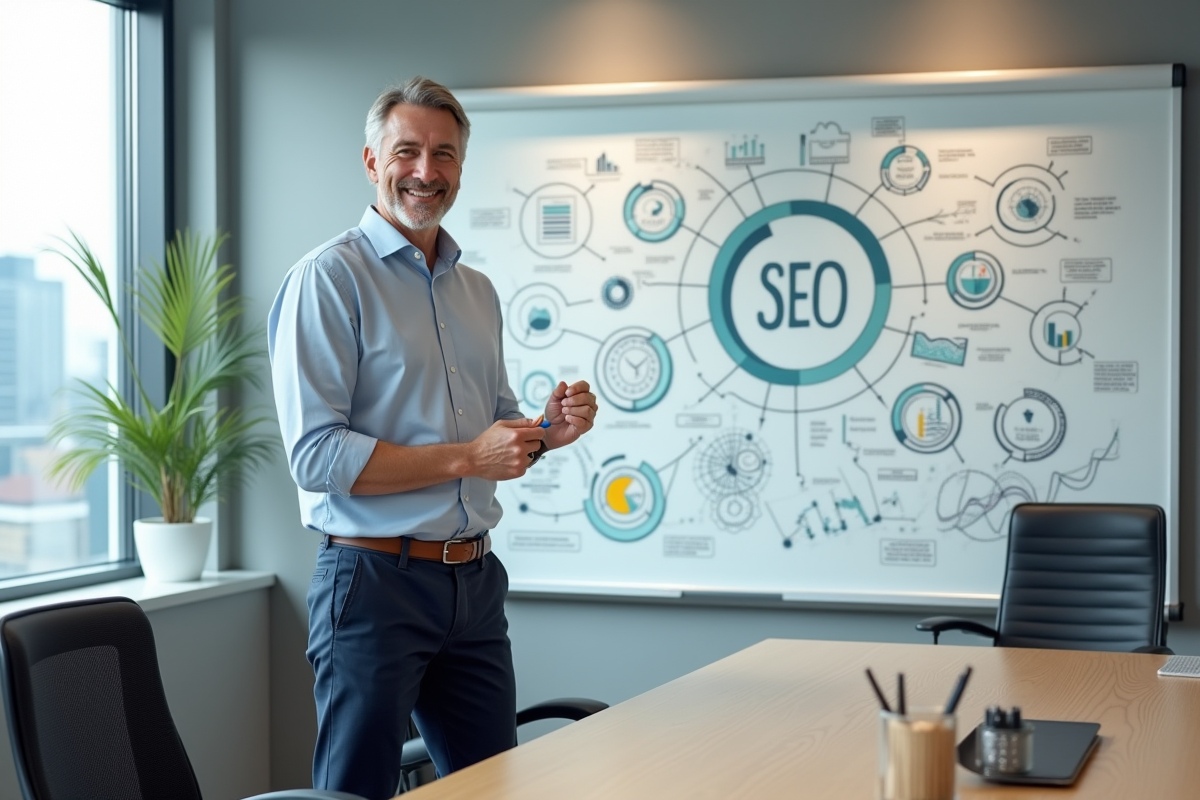 Homme en discussion devant un tableau blanc avec diagrammes SEO