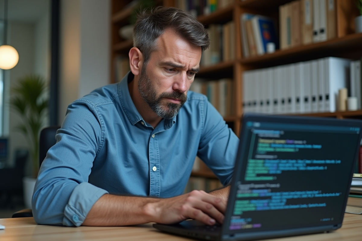 Ingénieur informatique homme face à un écran glitché en bureau