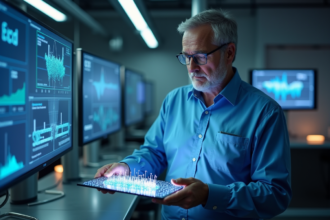 Ingénieur en laboratoire tenant un panneau quantique
