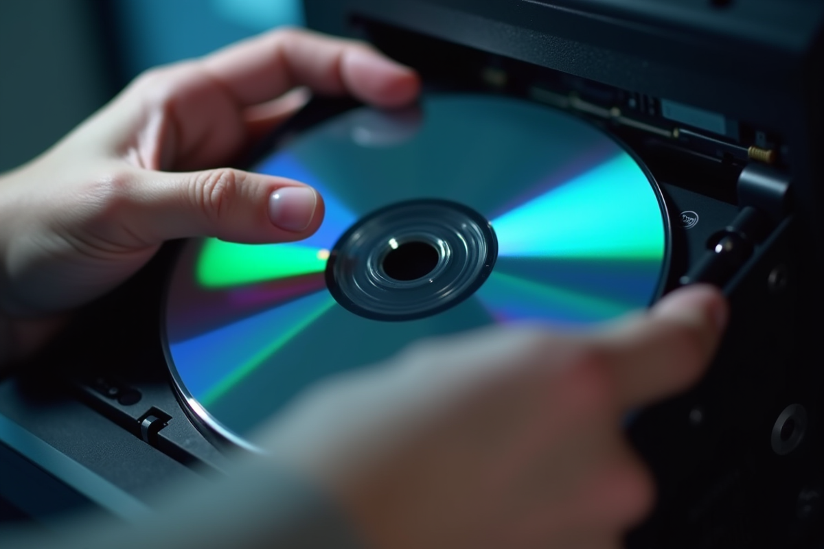 Mains insérant un CD Windows 7 avec icônes de fichiers flottants