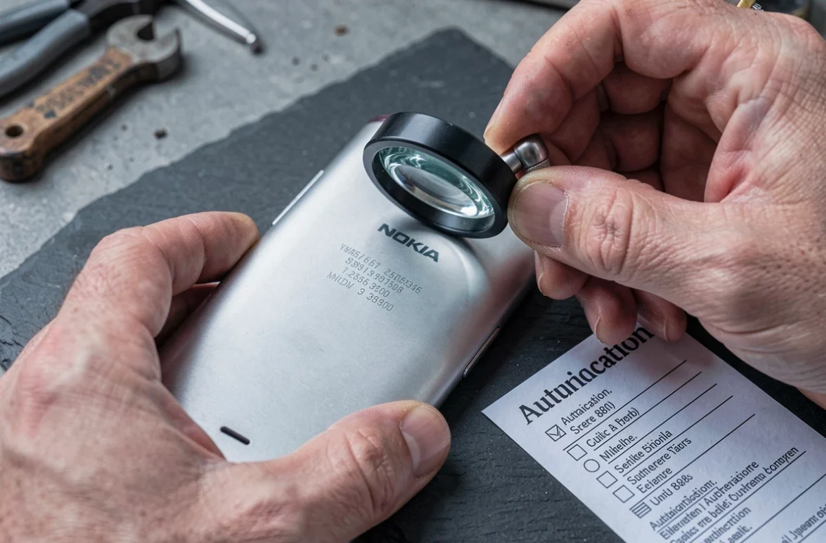 Inspection à la loupe du numéro de série d'un Nokia 8800 pour vérifier son authenticité