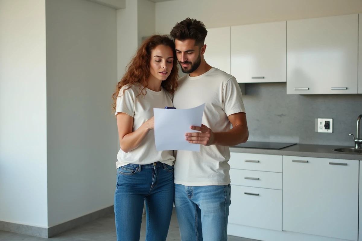 Couple consultant un guide d'installation fibre optique SFR dans une cuisine après déménagement