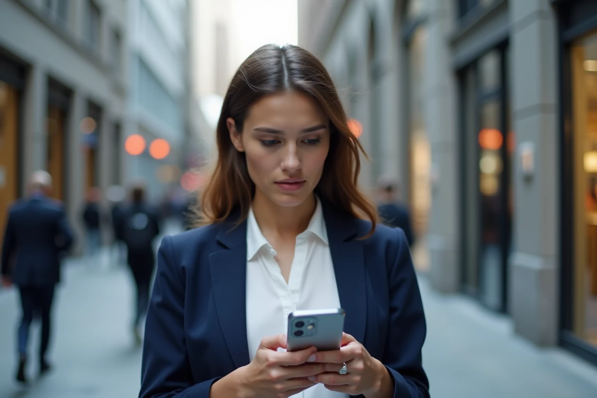 Femme vérifiant l'autonomie de son iPhone 15 dans la rue en pleine journée de travail
