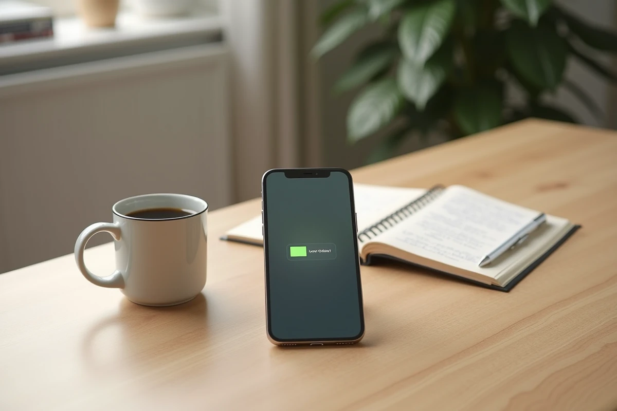 iPhone 15 posé sur un bureau avec une notification de batterie faible en fin de journée