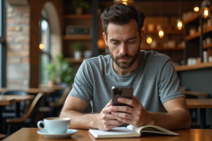 Homme utilisant un iPhone 15 dans un café, test d'autonomie en conditions réelles de la journée