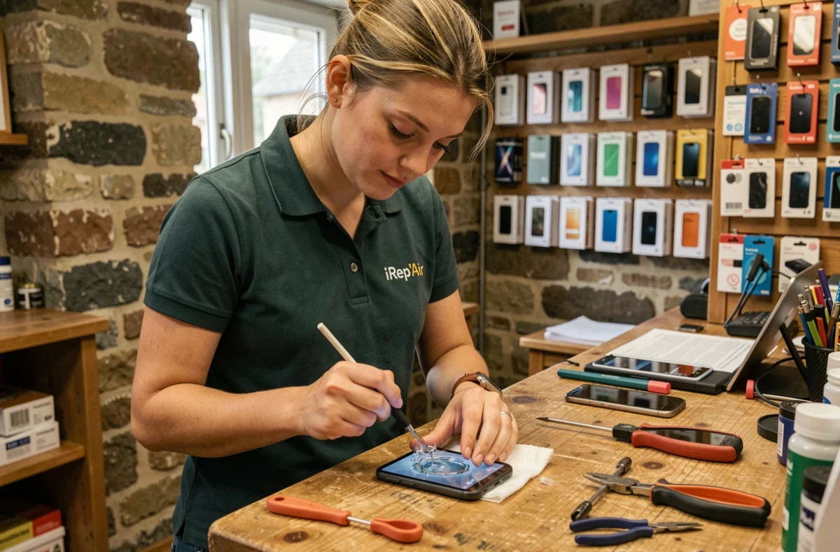 Technicienne d'iRep'Air à Auray inspectant un smartphone endommagé par l'eau avec des outils professionnels au comptoir