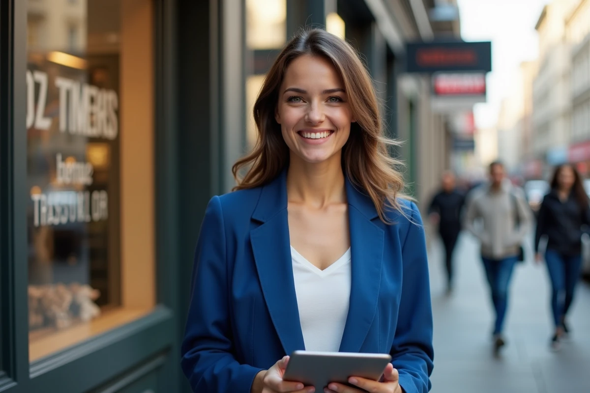 Jeune femme entrepreneure souriante devant sa boutique en ville