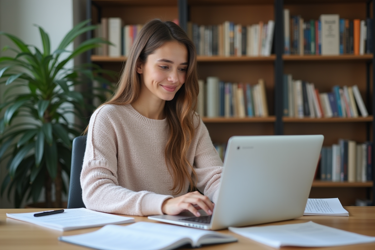 Jeune femme française travaillant sur un ordinateur dans un bureau moderne