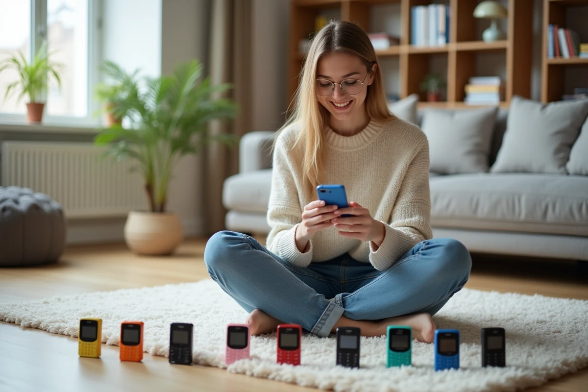 Jeune femme arrange des téléphones Sony Ericsson colorés