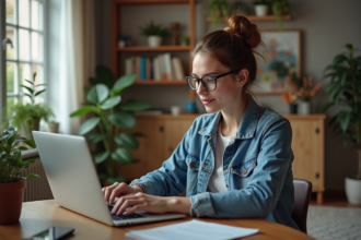 Jeune femme en denim regardant son ordinateur à la maison