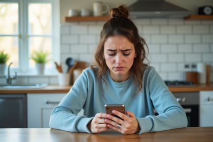 Jeune femme inquiète regarde son smartphone dans la cuisine