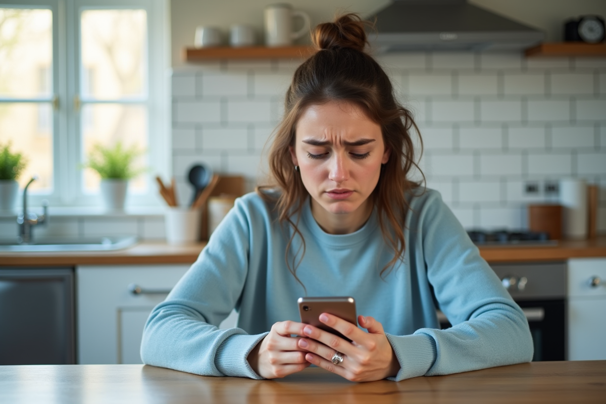 Jeune femme inquiète regarde son smartphone dans la cuisine