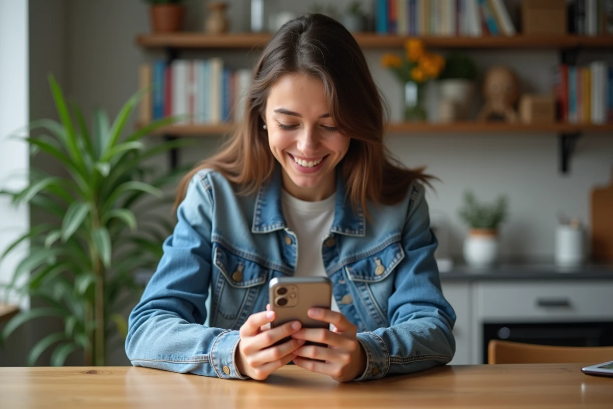 Jeune femme en denim posant avec son smartphone