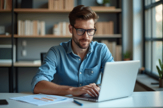 Jeune homme concentré travaillant sur un ordinateur dans un bureau moderne