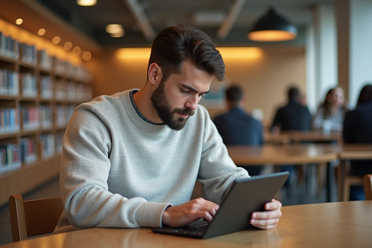 Jeune homme étudiant dans une bibliothèque universitaire moderne
