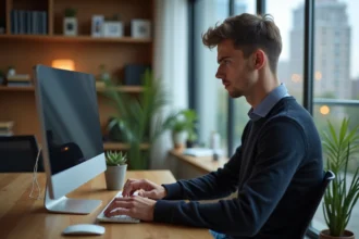 Jeune homme concentré sur son ordinateur dans un bureau moderne