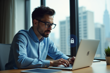 Jeune homme en costume bleu travaillant sur un ordinateur portable
