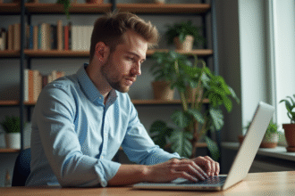 Jeune homme concentré travaillant sur son ordinateur dans un bureau moderne