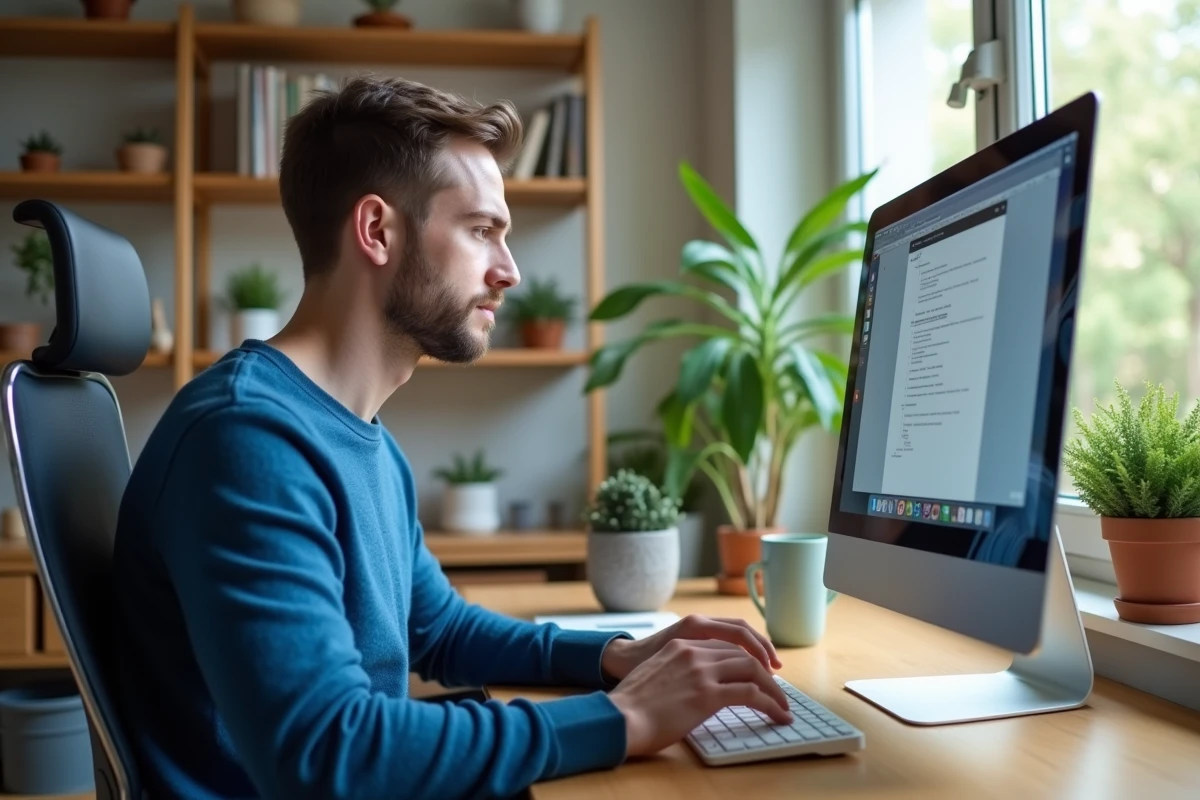 Jeune homme concentré travaillant sur un ordinateur dans un bureau lumineux