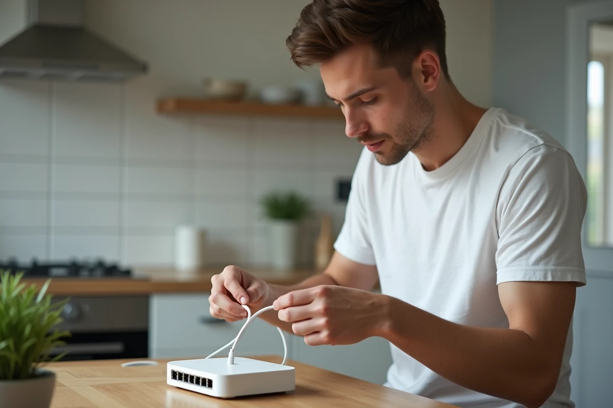 Jeune homme connectant un câble ethernet à une box internet