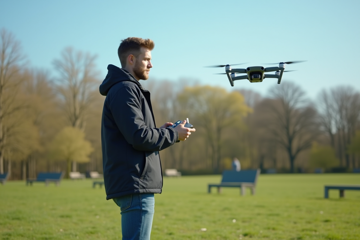 Jeune homme pilotant un drone dans un champ vert au printemps