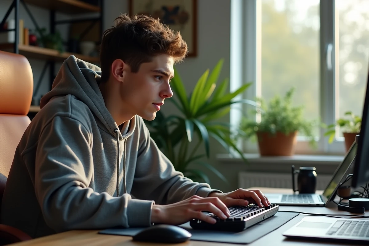 Jeune homme concentré sur son clavier gaming dans un appartement moderne