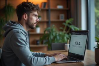 Jeune homme en hoodie face à un écran 404 dans un bureau