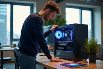 Jeune homme admirant un ordinateur haut de gamme dans un bureau moderne