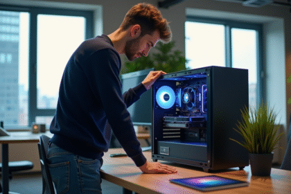 Jeune homme admirant un ordinateur haut de gamme dans un bureau moderne