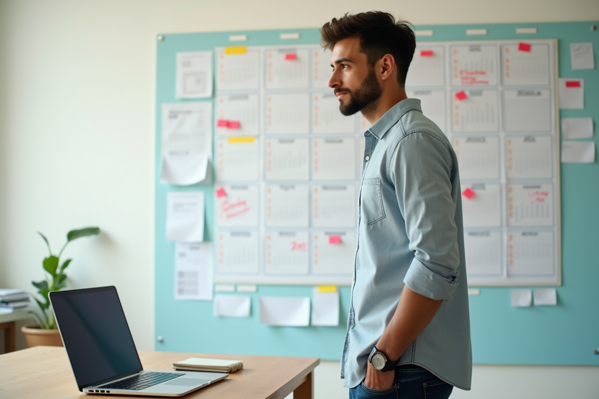 Jeune homme planifiant avec un calendrier mural en bureau